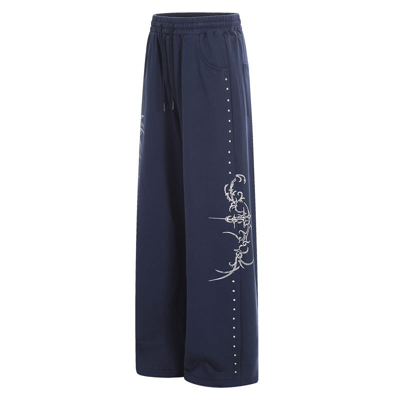 Wide-Leg Joggers with Thorn Print in Grey or Navy - navy angled front view