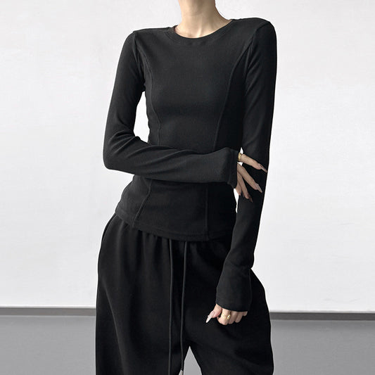 Long Sleeve Base Layer Top with Sculpted Seams - black front arms crossed