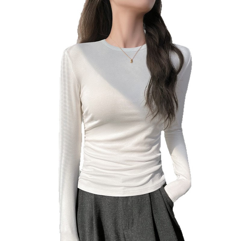 T-Shirt Top with Side Ruching and Long Sleeves - white front view
