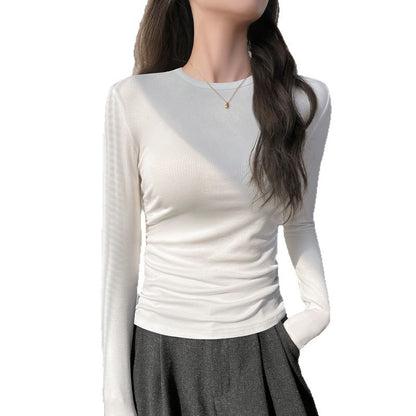 T-Shirt Top with Side Ruching and Long Sleeves - white front view