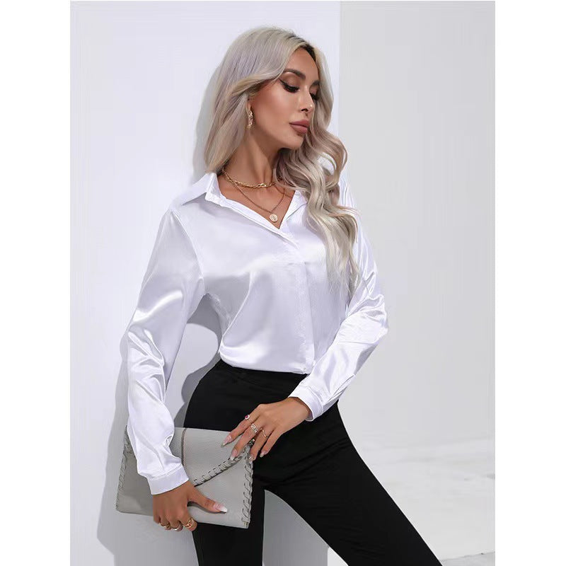 Blouse in Satin with Open Collar and Long Sleeves - white front view