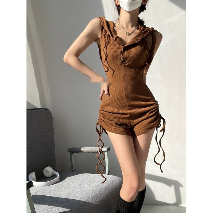 Playsuit with Hooded Cowl Neck and Ruched Sides - brown full-length front view