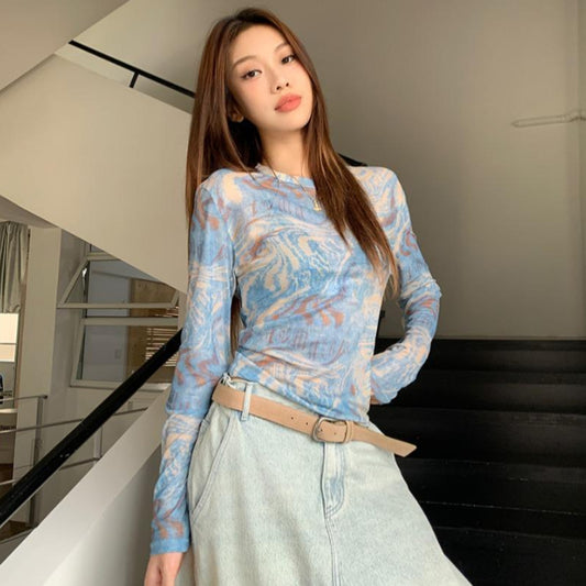 Top in Blue Swirl Print Mesh with Long Sleeves - blue full-length staircase view