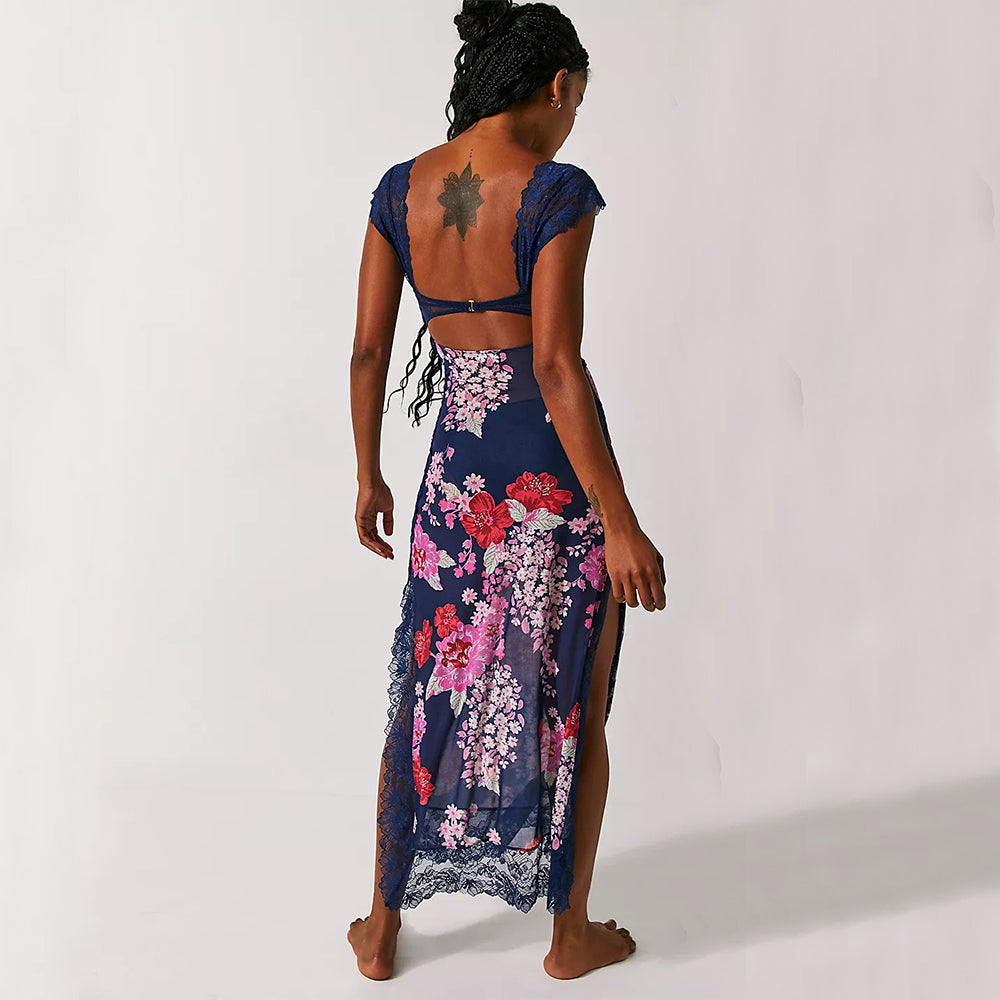 Maxi Dress with Lace Bodice and Floral Print - blue back view