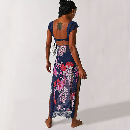 Maxi Dress with Lace Bodice and Floral Print - blue back view
