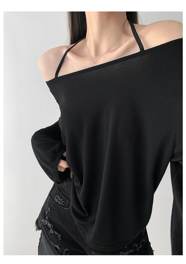 Top with Off-Shoulder Halter Strap - black close-up detail