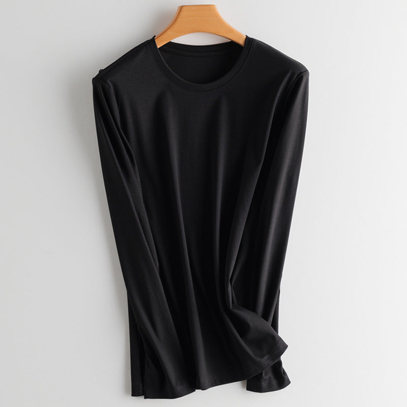 T-Shirt in Soft Drape Jersey with Long Sleeves - black round neck front view