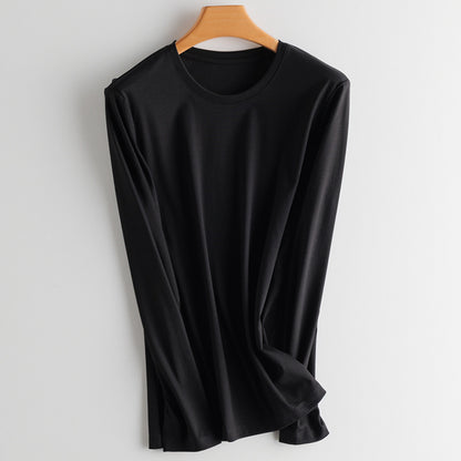 T-Shirt in Soft Drape Jersey with Long Sleeves - black round neck front view