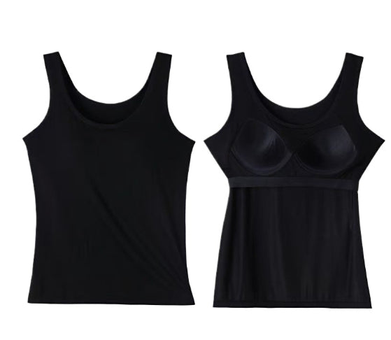 Vest Top with Built-In Bra Support - black front and inner support view