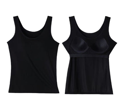 Vest Top with Built-In Bra Support - black front and inner support view