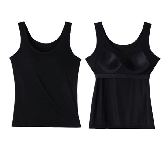 Vest Top with Built-In Bra Support - black front and inner support view