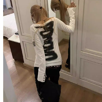 Long-Sleeve Top in White with Open-Back Graphic - white back view graphic detail