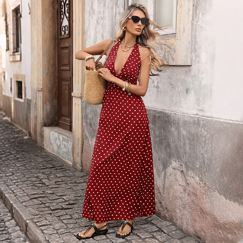 Maxi Dress with Polka Dot Halterneck Tie-Back - Wine Red front view