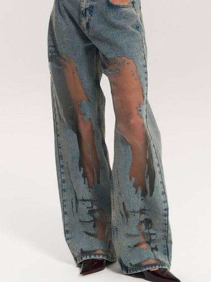 Wide-Leg Distressed Mesh Jeans in Blue - blue angled front full-length view