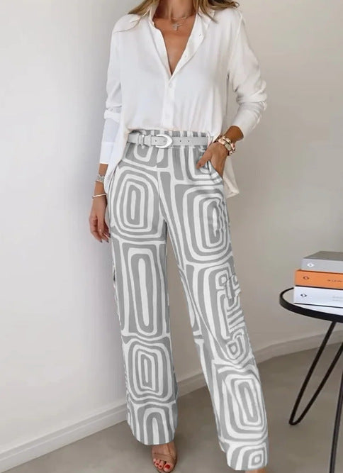Wide-Leg Trousers & Relaxed Shirt Co-Ord Set in Geometric Print - grey full outfit front view