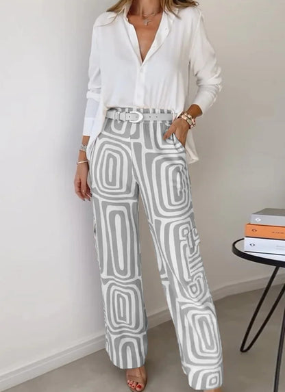Wide-Leg Trousers & Relaxed Shirt Co-Ord Set in Geometric Print - grey full outfit front view
