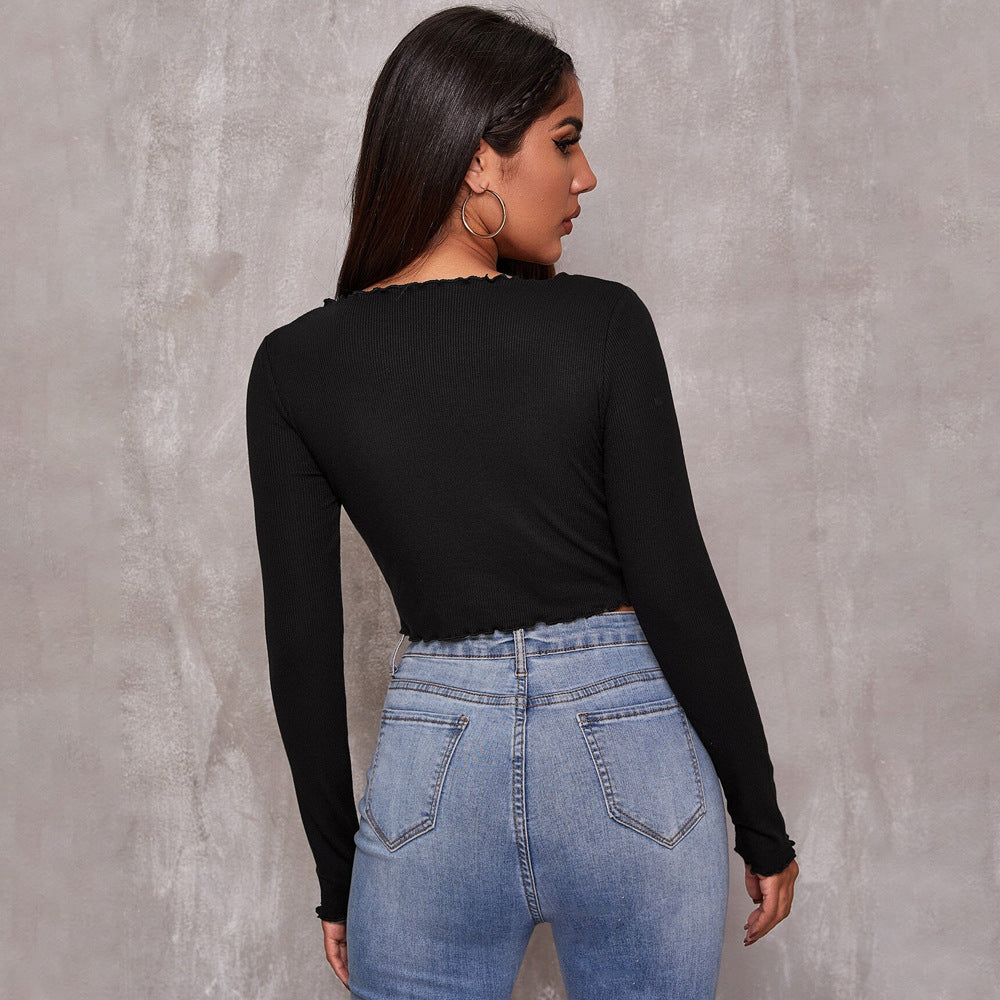 Crop Top in Black with Ruched V-Neck and Long Sleeves - black back view