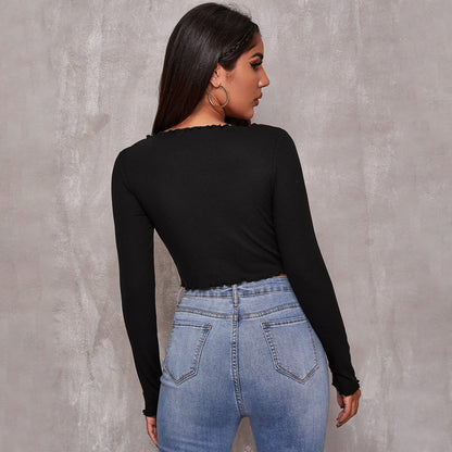 Crop Top in Black with Ruched V-Neck and Long Sleeves - black back view