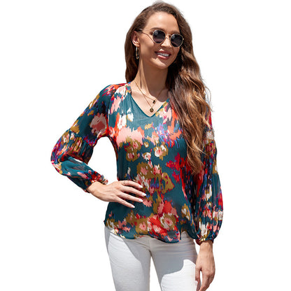 Blouse in Crinkled Floral Chiffon with V-Neck - teal painterly print full view