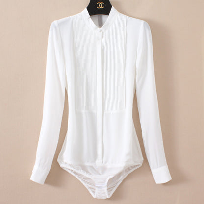 Bodysuit Blouse in Pleated Chiffon with Stand Collar - white front view