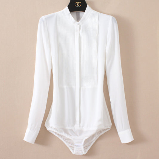 Bodysuit Blouse in Pleated Chiffon with Stand Collar - white front view